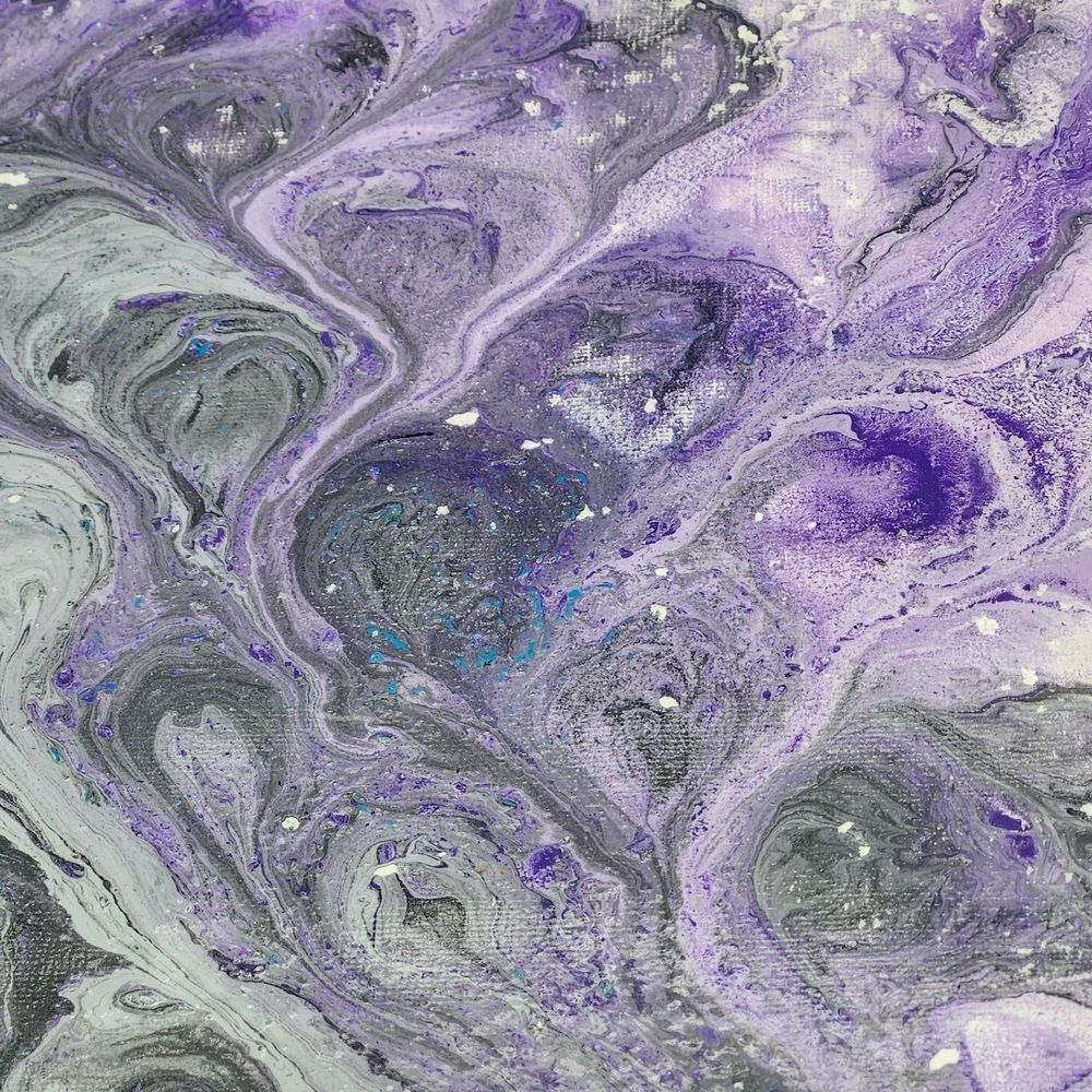 Hand Crafted Purple Gray White Abstract Fluid Art Painting Canvas Framed 12x13"